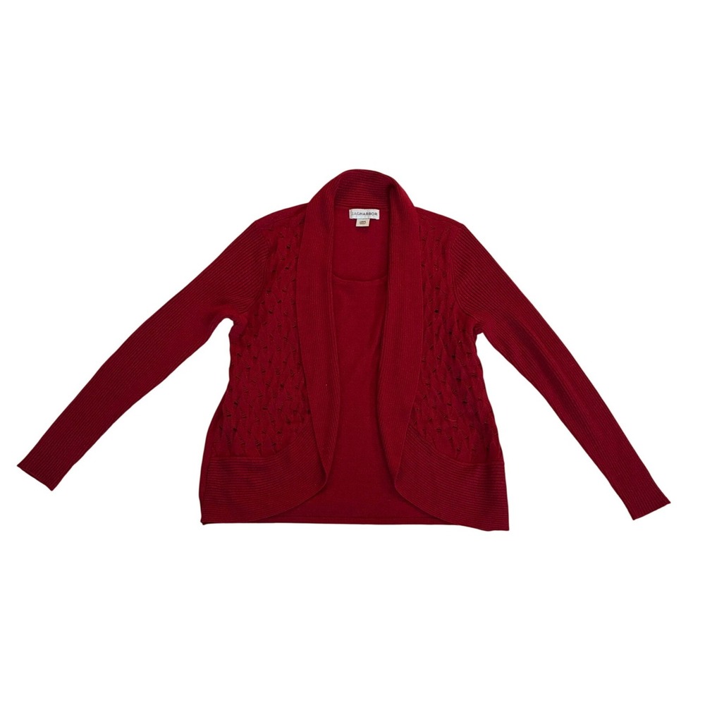 Sag Harbor Poppy Red Metallic Shimmer Open Front Pointelle Cardigan Sweater L